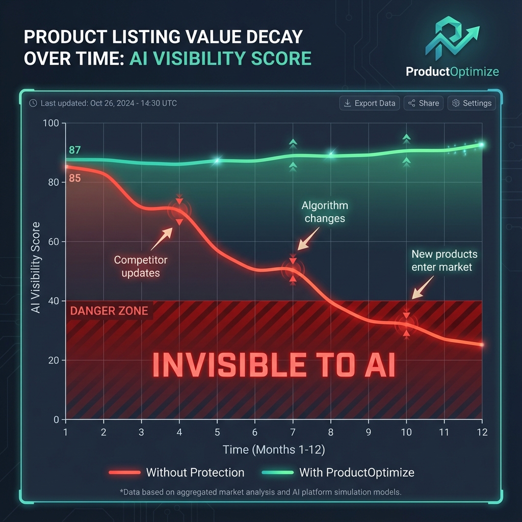 Product Listing Value Decay graph showing how AI visibility drops over time without protection versus staying stable with ProductOptimize