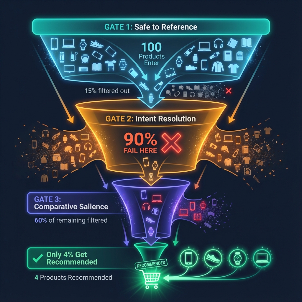 AI Recommendation Funnel showing 100 products entering, 90% failing at Gate 2 (Intent Resolution), and only 4% getting recommended
